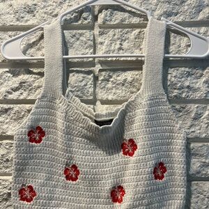 Wild Fable Cream V-Neck Sweater with Red Floral Accents